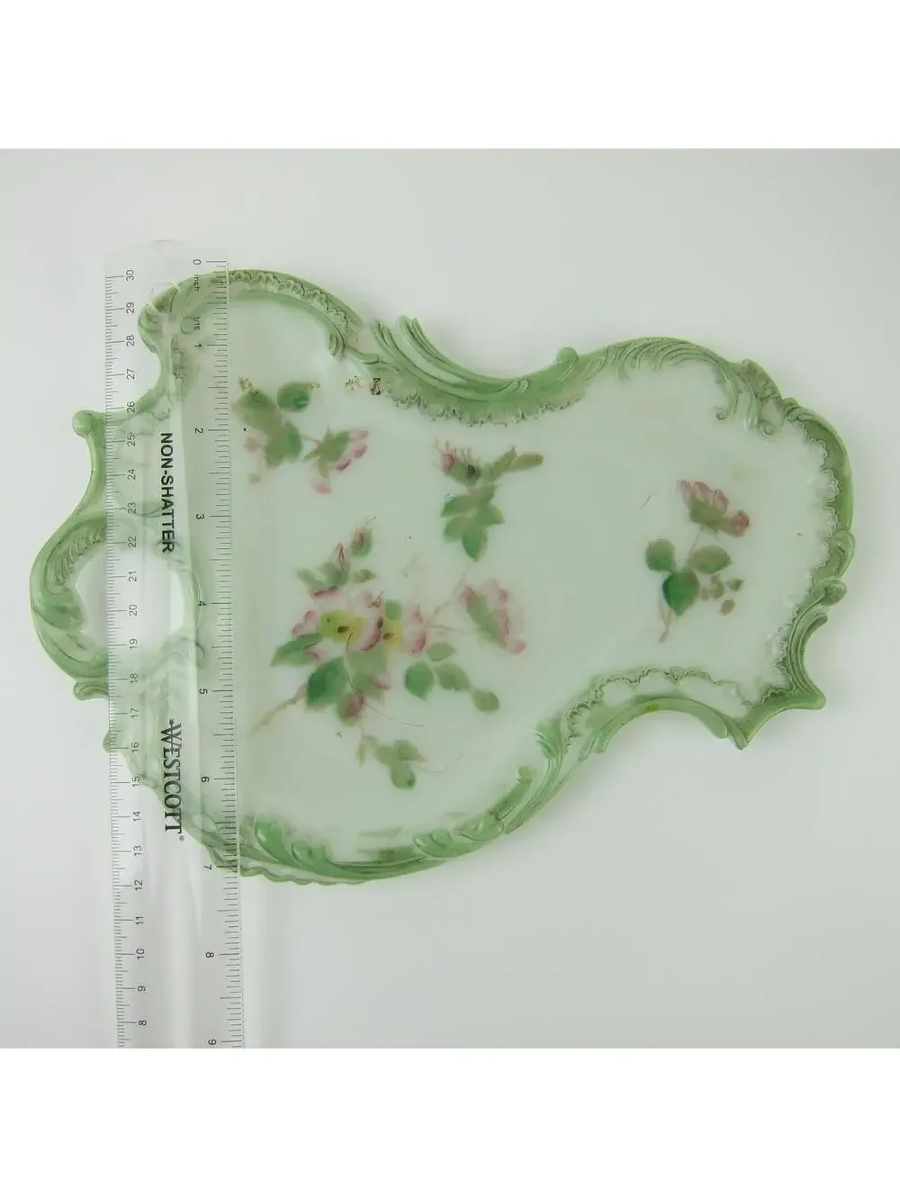 Vintage Milk Glass Vanity Tray / Candy Dish Green & Pink Flowers Open Handle